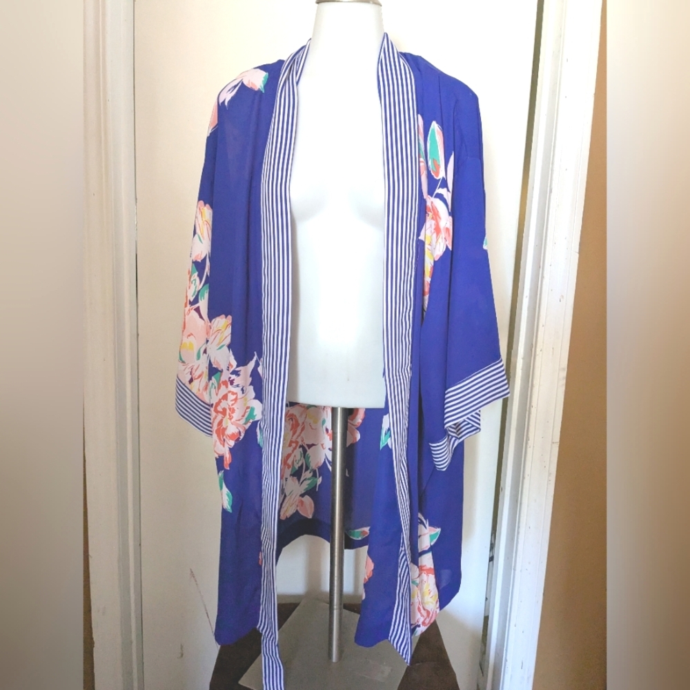 Floral Kimono with Striped Trim